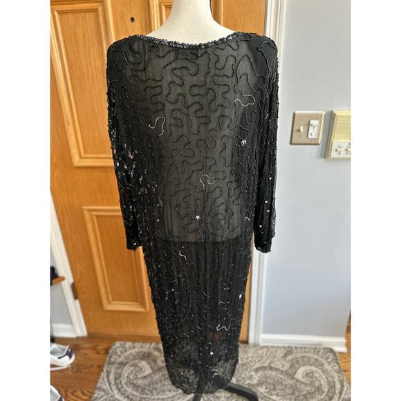 Vintage 80s Creative Creations Silk Beaded Sequin Gown Black Long Sleeve Size M - Picture 4 of 9